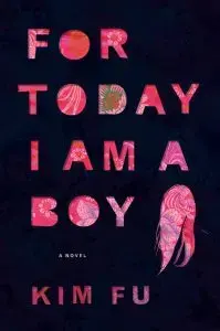The book cover of For Today I Am a Boy by Kim Fu features bold, patterned letters on a dark background, reminiscent of an Arna Bontemps Hemenway design, with the silhouette of a head with long hair cleverly forming part of the letter Y.