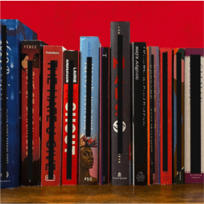 A row of books with their titles crossed out