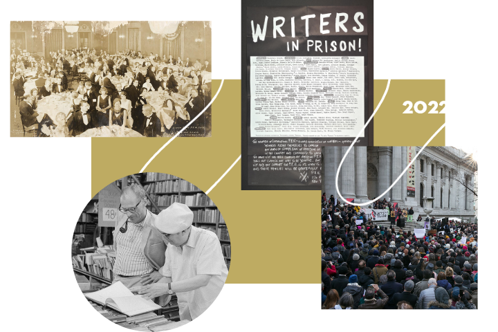 A collage of three images: a lively restaurant scene, a Writers in Prison! poster showcasing the history of PEN America, and a 2022 street protest with a large crowd. A circular image shows two people in a workspace below the bustling restaurant scene.