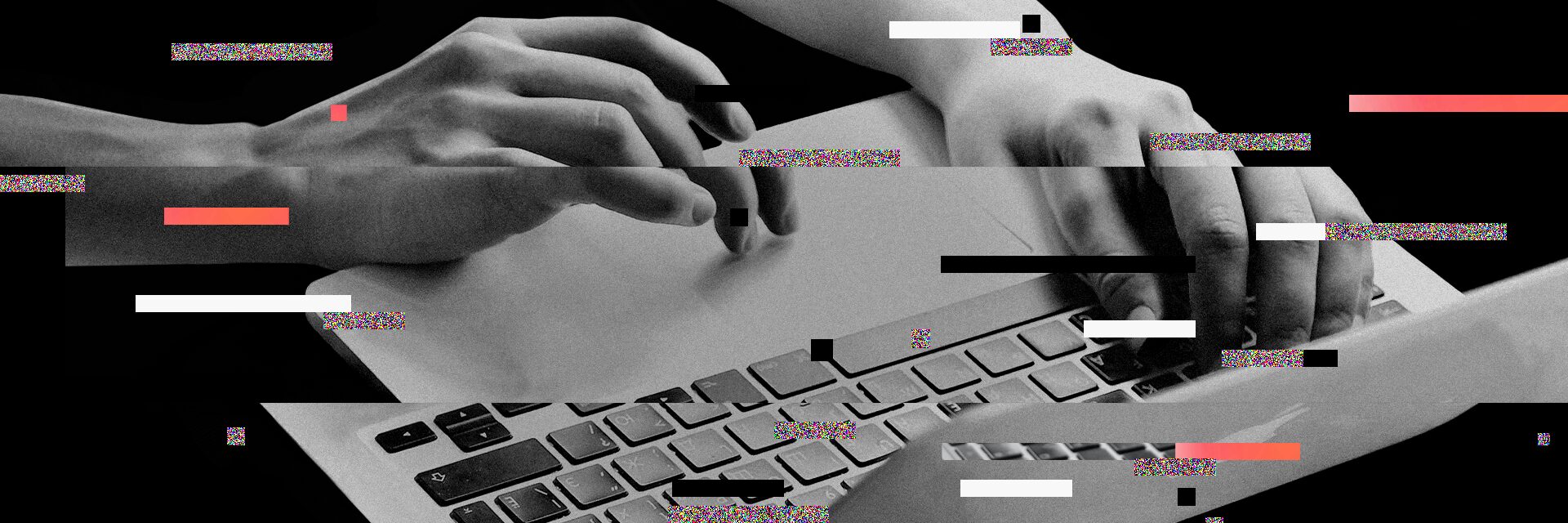 Hands typing on a laptop keyboard, with digital glitch effects and colorful static bars overlaying the image, evoking a distorted, modern look that hints at themes of digital sovereignty.