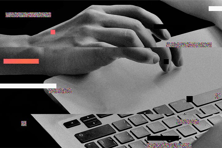 A hand hovers over a laptop keyboard. The image is distorted with glitch effects, colored static, and lines—evoking digital sovereignty as the disruption obscures control and clarity over the digital space.