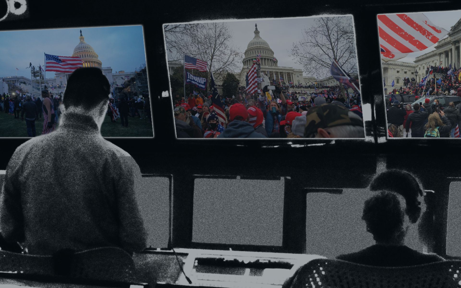 Two people sit at a control desk, viewing screens that display scenes of crowds with American flags gathered outside the U.S. Capitol, capturing a protest or rally that could fuel hate in the headlines.