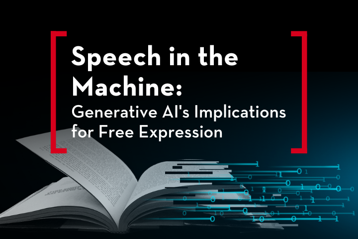 An open book adorned with digital code symbols prominently displays the text Speech in the Machine: Generative AIs Implications for Free Expression, capturing the essence of blending technology with communication.