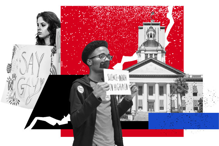 A young person stands with tape over their mouth, holding a Silence = Death in Florida sign—highlighting educational censorship. Another holds a Say Gay sign. The bold red and blue background features the Florida Capitol building.