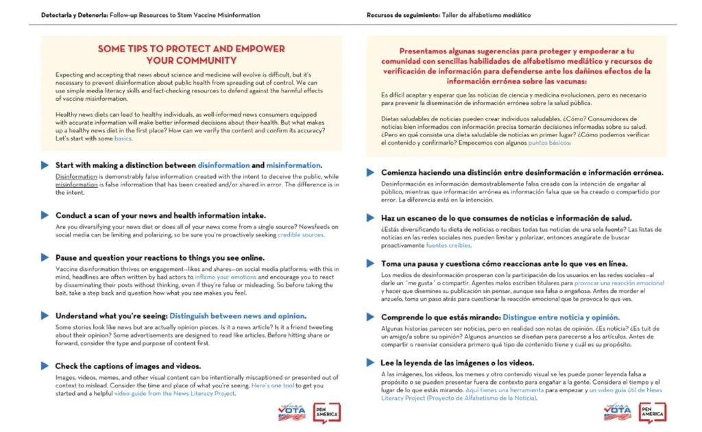 A bilingual English and Spanish infographic offers tips to counter vaccine misinformation, including checking sources, distinguishing facts from opinions, pausing before sharing, and consulting health professionals. Logos appear at the bottom.