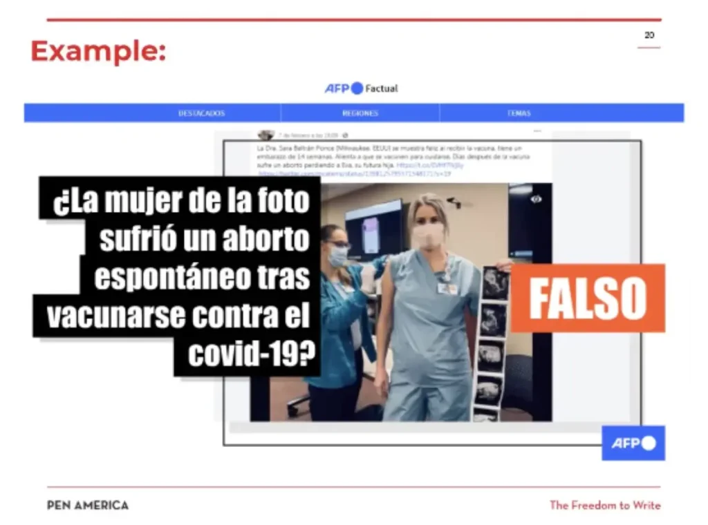A screenshot of a news post features two women in hospital scrubs and masks. Over the image is a bold question about miscarriage after a COVID-19 vaccine, with a large red label reading FALSO (false) beside it.