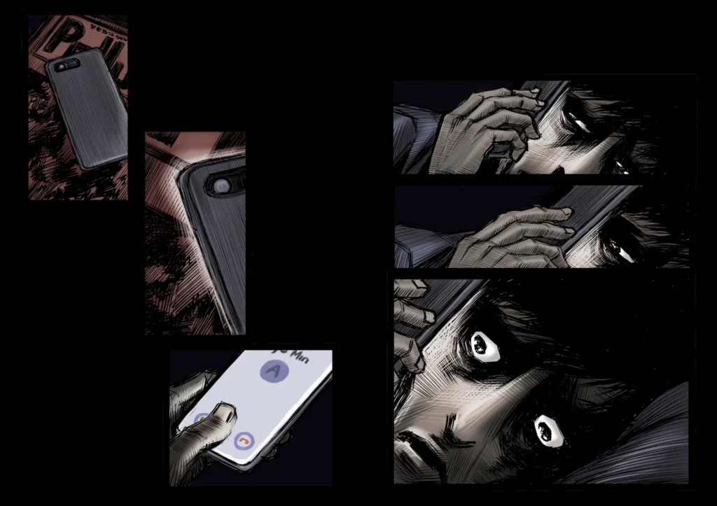 A series of dark, dramatic comic panels shows a person anxiously answering a phone call about the Myanmar 2021 coup, eyes wide with fear and shock as they listen to the caller on the other end.