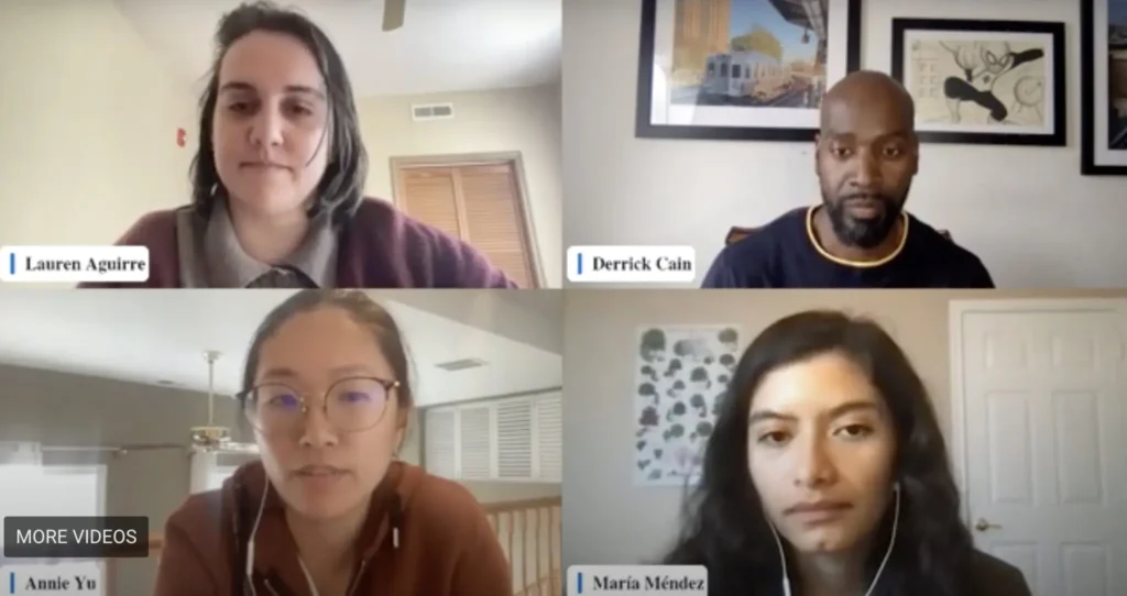 A video call with four people, each in their own screen panel, discusses fighting disinformation locally. Names—Lauren Aguirre, Derrick Cain, Annie Yu, and Maria Méndez—are displayed at the bottom as they listen or speak.