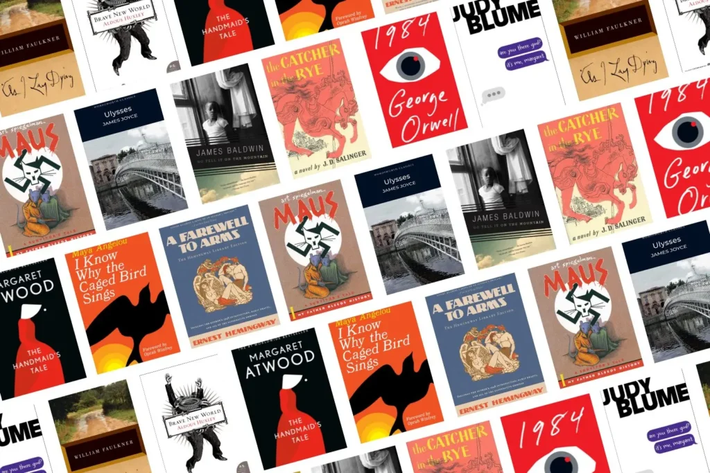 A collage of famous book covers, including 1984, Maus, and The Handmaid’s Tale—many of which have faced challenges under recent Educational Intimidation Bills.