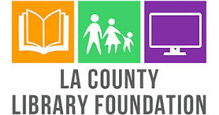 Logo for LA County Library Foundation with three colored squares: an orange square with an open book, a green square with three people holding hands, and a purple square with a computer monitor.