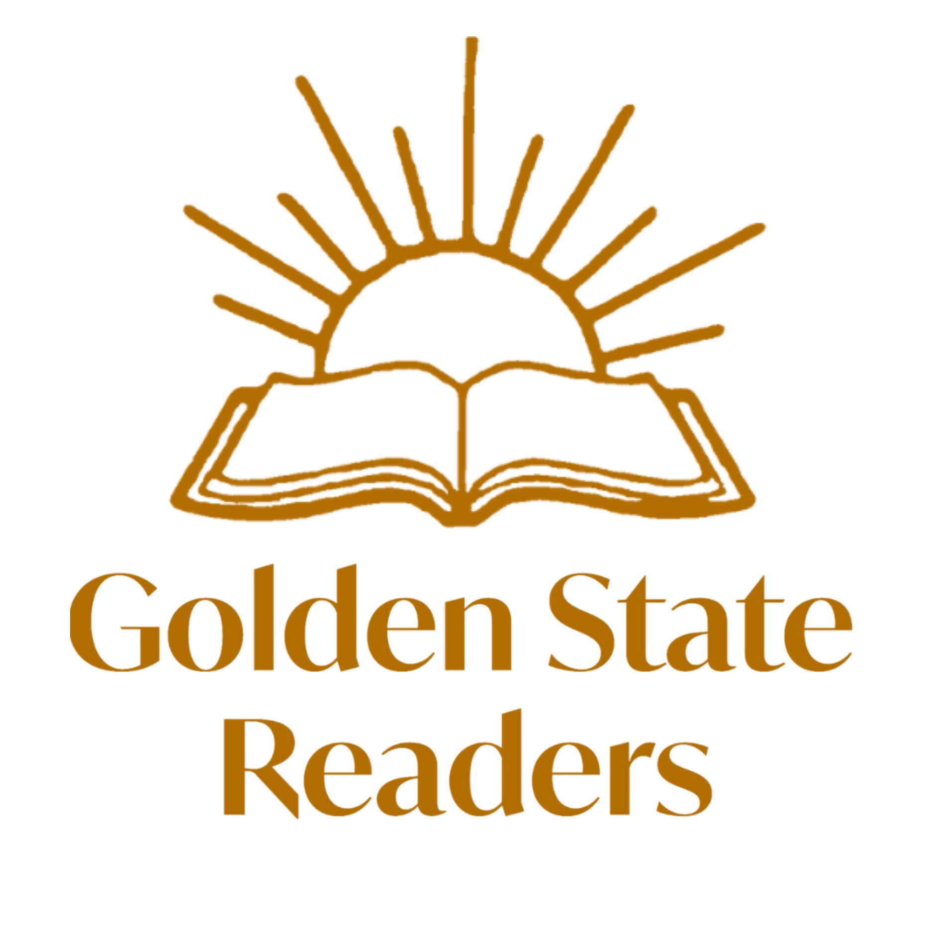 Logo for Golden State Readers featuring an open book with a stylized sun rising behind it, with rays extending upward. The name Golden State Readers appears below in bold golden text.