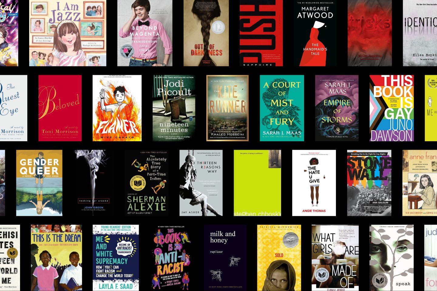 A collage of diverse book covers, including “I Am Jazz,” “Beloved,” and more, is displayed in neat rows on a black background—highlighting titles celebrated during Banned Books Week 2024.