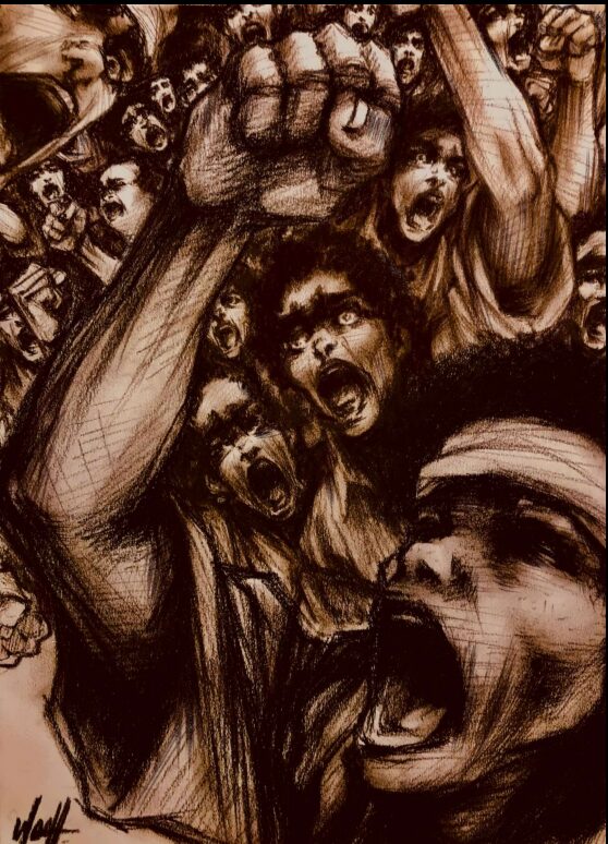 A dynamic, sepia-toned drawing shows a crowd of people with raised fists, their faces expressive with anger or determination, as they appear to shout or protest together in unison.