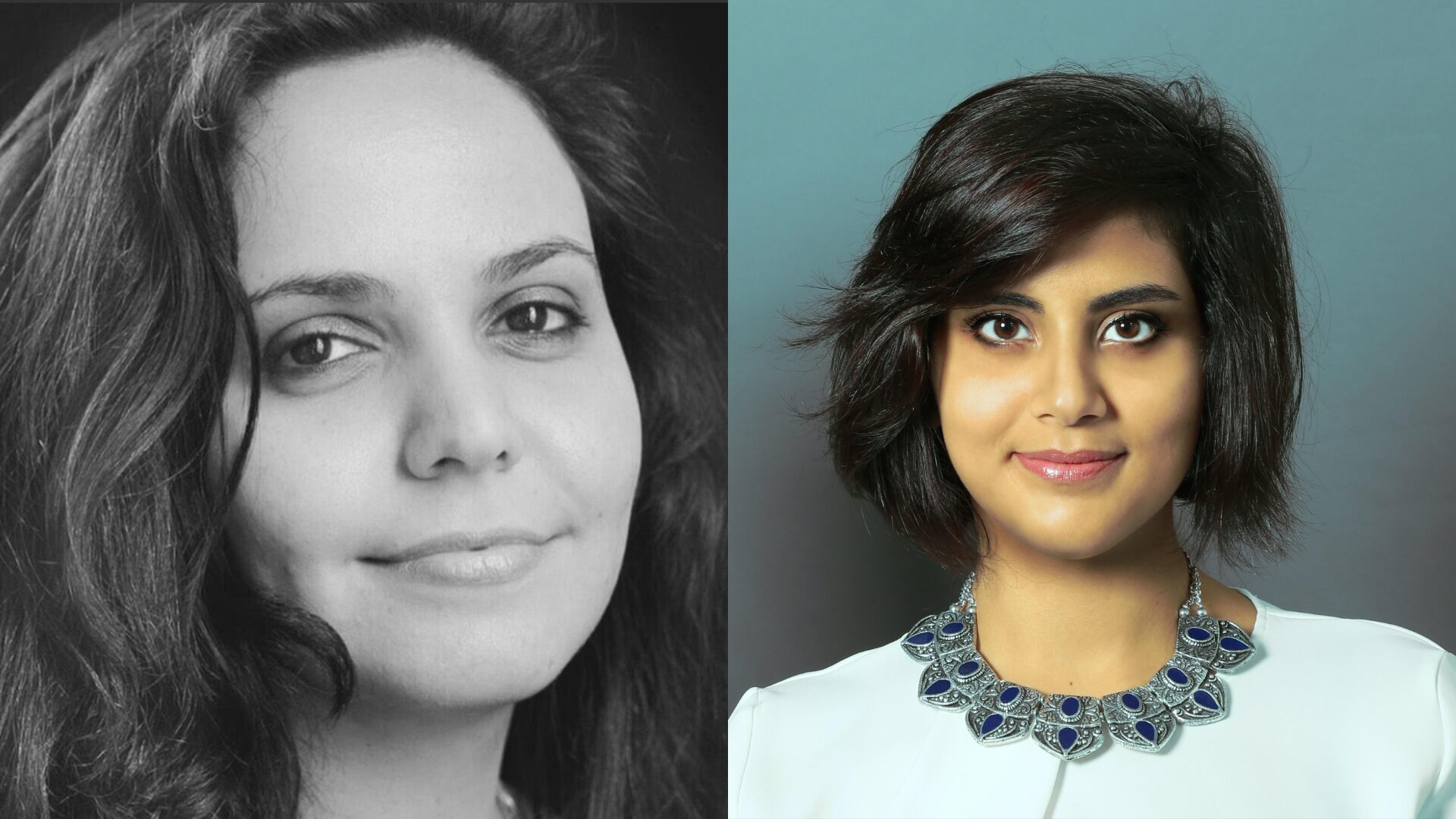 Split image: Left side shows a woman with wavy dark hair, neutral expression, in black and white. Right side features a PEN/Barbey Freedom to Write Award recipient, short dark hair, slight smile, wearing a decorative necklace, in color.