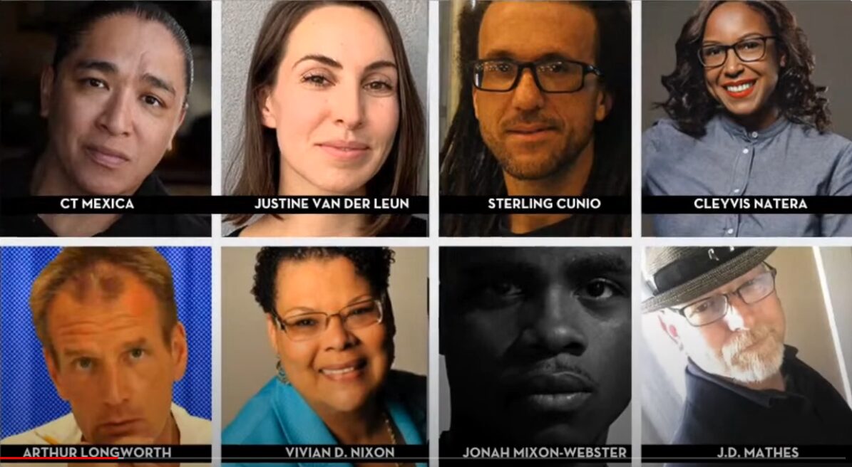 A collage of eight headshots in two rows showcases the Writing for Justice Fellowship 2019-2020 cohort: CT Mexica, Justine van der Leun, Sterling Cunio, Cleyvis Natera, Arthur Longworth, Vivian D. Nixon, Jonah Mixon-Webster, and J.D. Mathes.