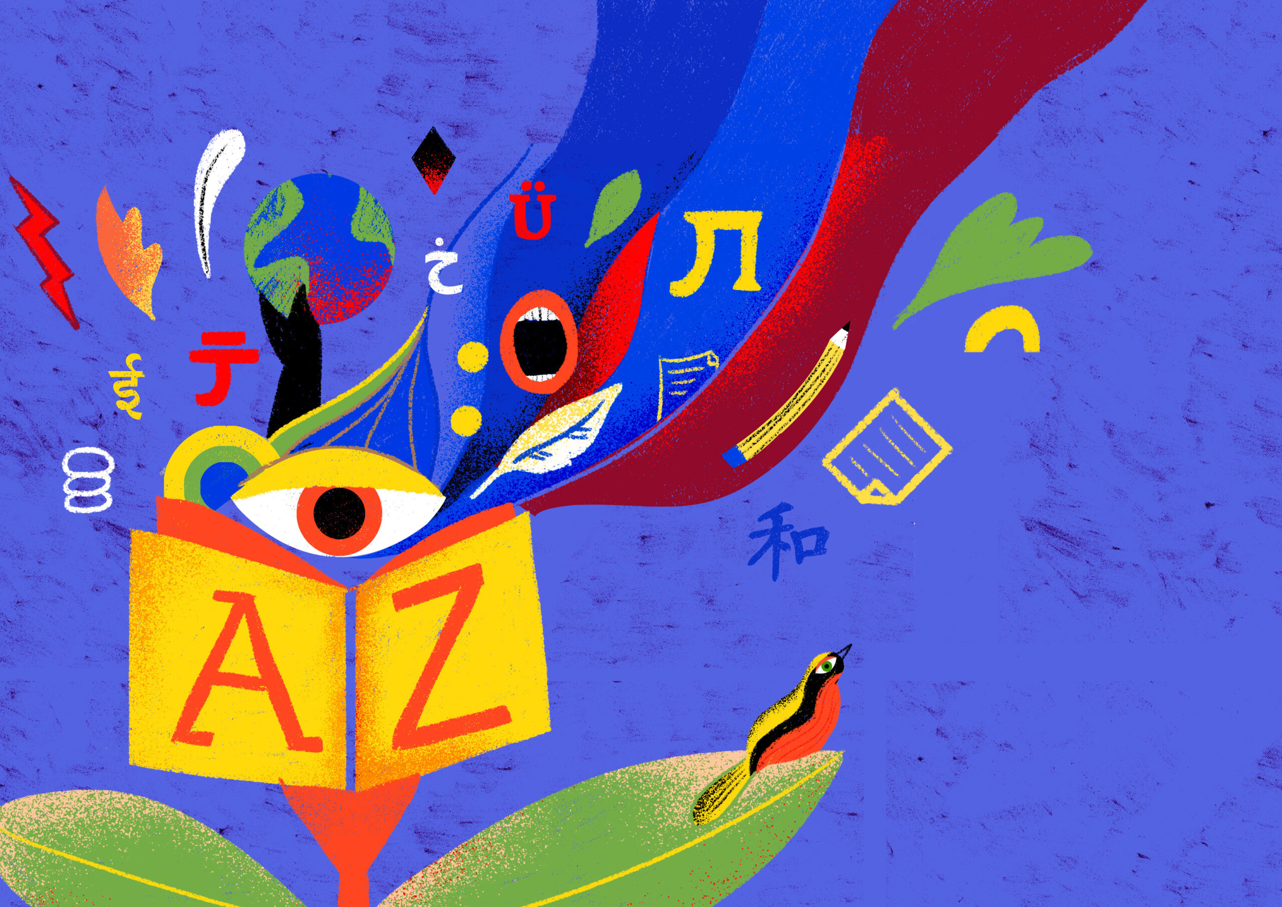 An open book marked with A Z and Translation Manifesto on its pages releases colorful shapes, letters, symbols, and images like an eye, globe, and papers. A bird stands on a green leaf below, all set against a blue background.
