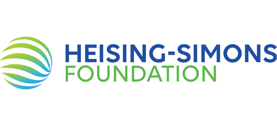 Heising-Simons Foundation logo with a green and blue swirling globe design on the left and the organization name in blue and green text on the right, supporting initiatives like PEN Across America.