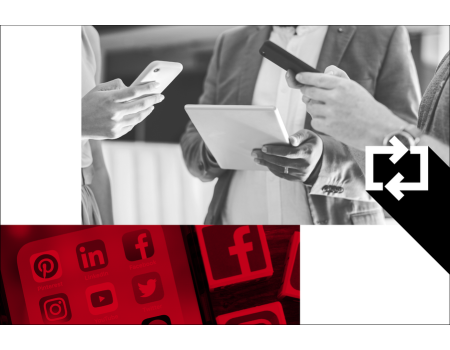 Three people engrossed in their mobile devices and tablet, eyes glued to the screens. A red overlay at the bottom left reveals various social media icons like Pinterest, LinkedIn, Instagram, and Facebook. A recycling symbol sits in the top right corner, moving facts forward for a sustainable future.