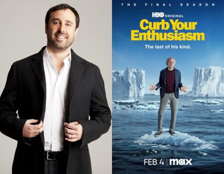 A man in a black jacket poses, smiling, on the left. On the right is a Curb Your Enthusiasm HBO poster with a man standing on icebergs, reading “The last of his kind. FEB 4 max.”.