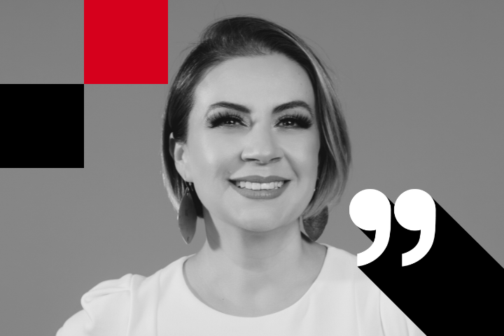Black and white image of a smiling person with short hair wearing hoop earrings and a light-colored top, reminiscent of Maritza Félixs vibrant style. Graphic elements include colored squares in red and black, alongside large quotation marks.