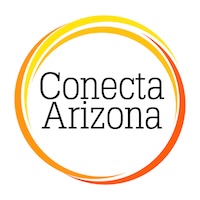 Logo for Conecta Arizona featuring the name in black text centered inside overlapping orange and yellow circular rings on a white background.