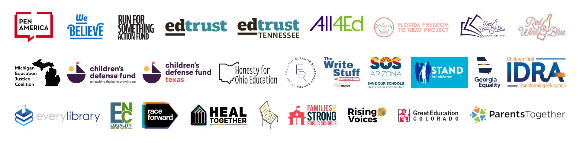 A collection of 25 colorful logos from various educational and advocacy organizations, including those supporting the Book Ban Open Letter, arranged in three horizontal rows on a white background.