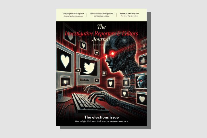 Magazine cover featuring a robotic figure typing at a keyboard, surrounded by digital screens with social media icons and heart symbols. The theme explores generative AI and its role in election disinformation.
