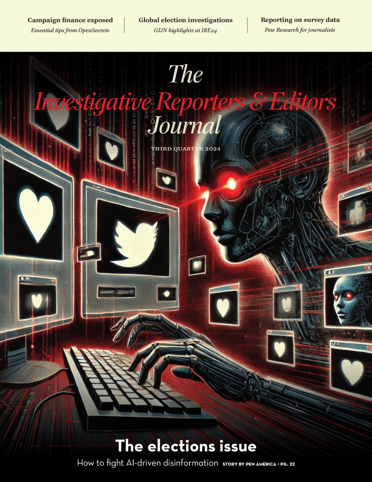 A stylized, futuristic illustration of a humanoid robot interacting with floating monitors displaying hearts, thumbs-ups, and warning icons, symbolizing generative AI and digital media. The cover text highlights investigative journalism themes.