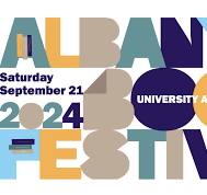 Colorful graphic text for the Albany Book Festival. It includes the date Saturday, September 21, 2024 and mentions University at Albany. The design features large, bold letters in various colors.