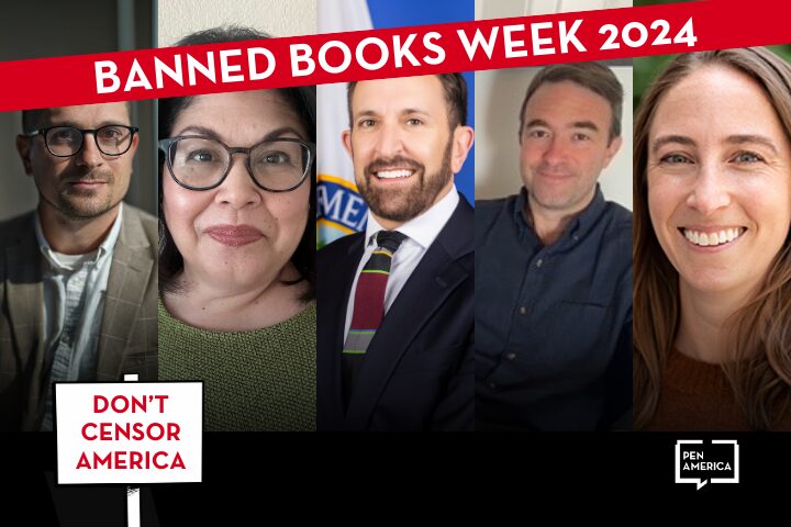 A promotional image for Banned Books Week 2024 featuring five smiling adults in a row, with a red banner across the top and text reading, Dont censor America and PEN America at the bottom.