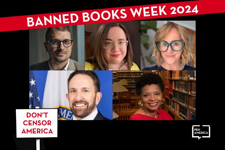 A promotional graphic for Banned Books Week 2024 features five professionally dressed people in individual portraits, with a banner reading Banned Books Week 2024 and the text Dont Censor America and the PEN America logo.