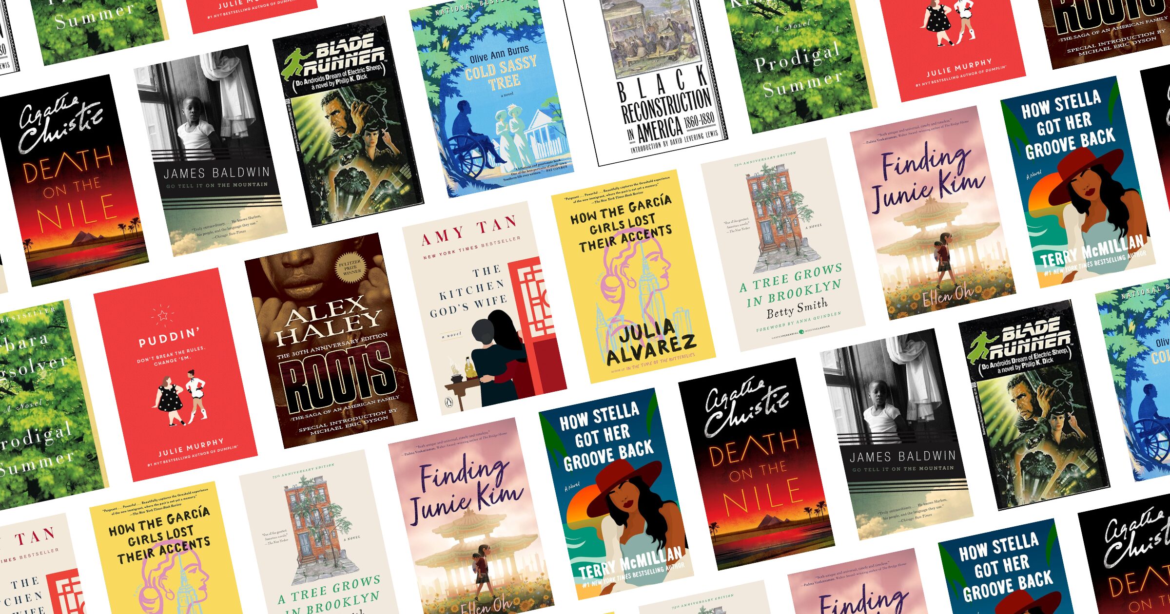 A flat lay of various diverse book covers, including titles like Death on the Nile, Roots, How Stella Got Her Groove Back, and A Tree Grows in Brooklyn—some recently noted amid book bans 2023-2024—arranged in a seamless mosaic pattern.