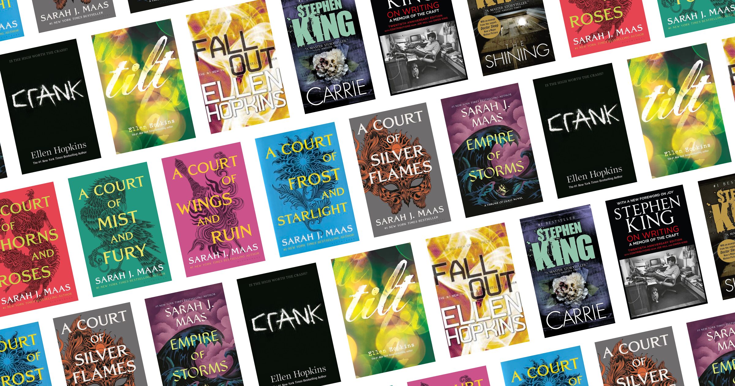 A collage of book covers, including titles by Ellen Hopkins, Sarah J. Maas, and Stephen King—some affected by book bans 2023-2024—arranged in a diagonal pattern against a white background.