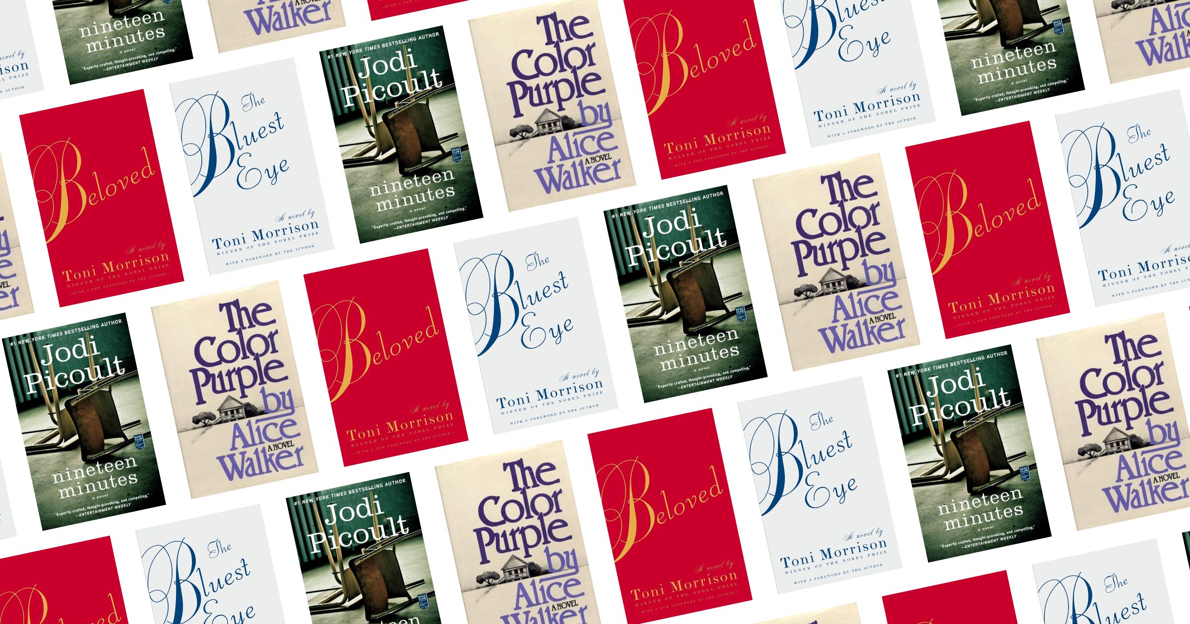 A repeating pattern of four book covers—Nineteen Minutes, The Color Purple, Beloved, and The Bluest Eye—displayed in a grid arrangement, spotlighting titles often featured in book bans 2023-2024.