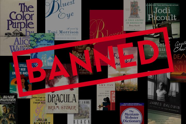 A collage of book covers, including The Color Purple and The Bluest Eye, is overlaid with a large red BANNED stamp, highlighting the surge in book bans 2023-2024.