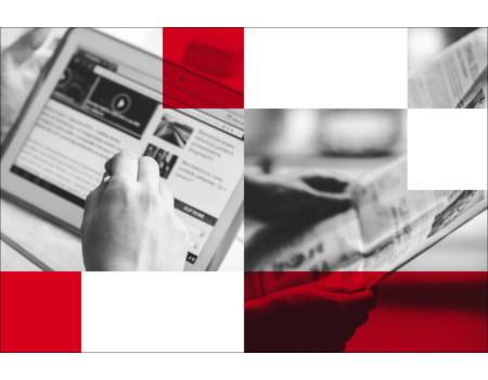 A collage image showcasing a person eagerly digesting facts forward through a digital news article on a tablet with their left hand, while anothers right hand clutches a newspaper. The composition is punctuated with red and white blocks throughout.