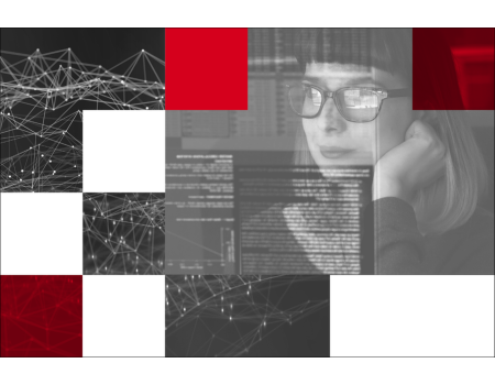 A collage featuring a thoughtful person with glasses looking at code on a screen, moving facts forward. The background is filled with red, white, and black geometric shapes alongside abstract digital network patterns.
