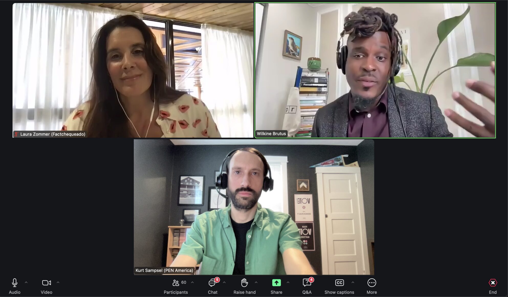 Three people on a Zoom video call: a woman with long brown hair in a floral top, a man with coiled hair and a blazer, and a bearded man in a green shirt—all wearing headsets in different home offices and focused on fact-checking.