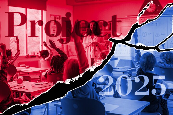 A classroom of students raising their hands, overlaid with a torn red and blue filter. The words Project 2025 are prominently displayed across the image, emphasizing the initiative’s educational focus.