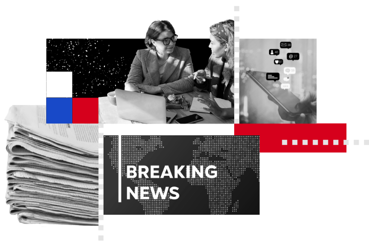 A collage featuring two people discussing U.S. free expression issues with laptops, a stack of newspapers, and a Breaking News banner alongside a world map design. Abstract red, white, and blue shapes are scattered throughout the composition.