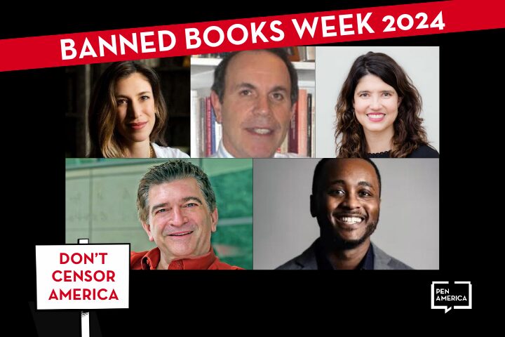 A promotional graphic for Banned Books Week 2024 shows five smiling people in separate boxes, with a red banner above reading BANNED BOOKS WEEK 2024. At the bottom are the messages DONT CENSOR AMERICA and the PEN America logo.
