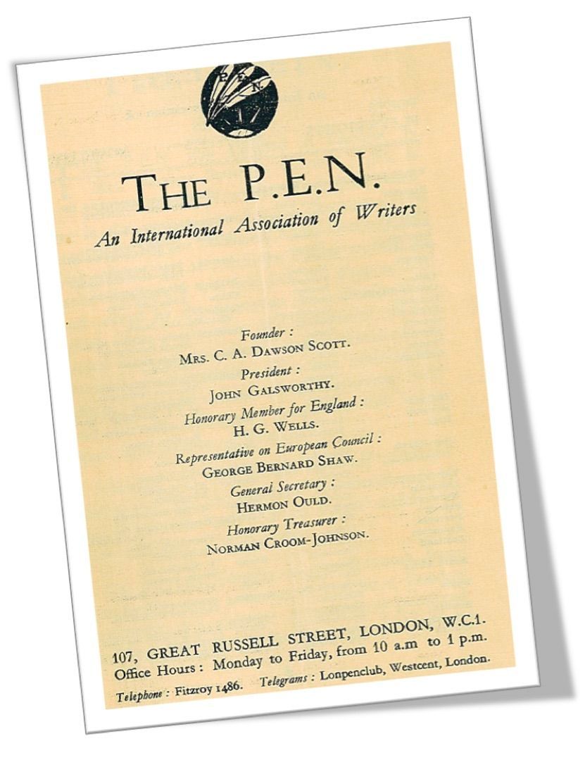 A vintage flyer for The P.E.N., an international writers’ association, lists its founder, president, honorary members, and address in London, with office hours and a note about its club location.