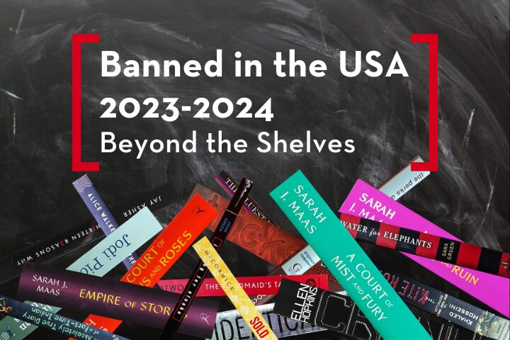 A collection of book spines are fanned out at the bottom against a chalkboard background. The text reads: Banned in the USA 2023-2024 Beyond the Shelves.