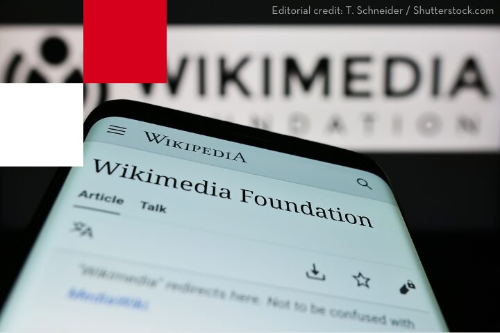 A smartphone screen displaying the Wikipedia page for the Wikimedia Foundation. In the background, a blurred image shows part of the Wikimedia Foundation logo. Editorial credit to T. Schneider/Shutterstock.com is given at the top.