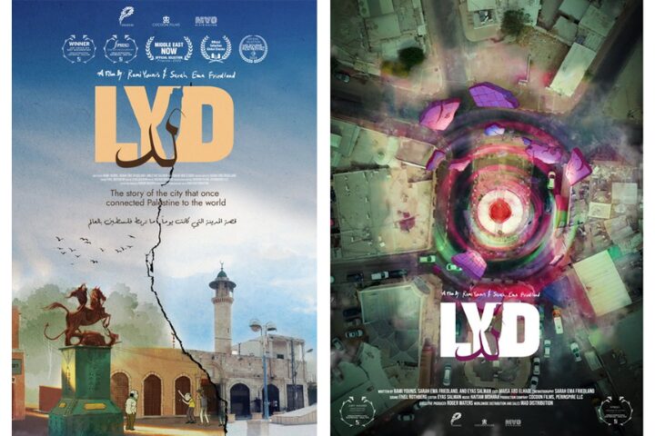 Two posters for a film titled Lyd. The left poster features a statue in front of a historic building with festival laurels. The right poster shows an aerial view of a city with colorful circular patterns overlaying it.