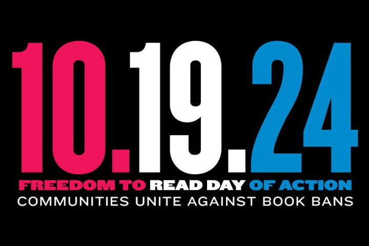 Bold text with a black background reads 10.19.24 in red, white, and blue. Below, it says Freedom to Read Day of Action and Communities Unite Against Book Bans in smaller white and blue text.