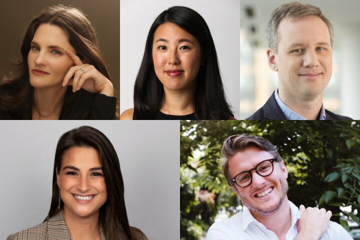 A collage of five people smiling in professional attire. The top row features two women and one man, and the bottom row includes a woman and a man. They are set against simple backgrounds.