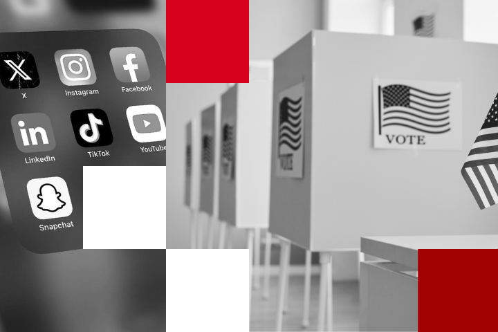 Black and white image depicting social media app icons (X, Instagram, Facebook, LinkedIn, TikTok, YouTube, Snapchat) on the left and several voting booths adorned with American flags on the right. Red and white geometric shapes overlay the scene, subtly alluding to election disinformation.