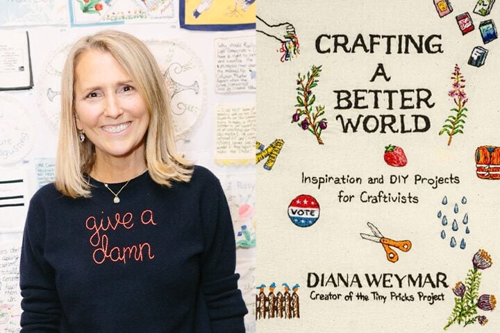 A person smiles while standing beside Diana Weymars book cover, Crafting a Better World: Inspiration and DIY Projects for Craftivists. The cover showcases vibrant illustrations of flowers, scissors, and threads.