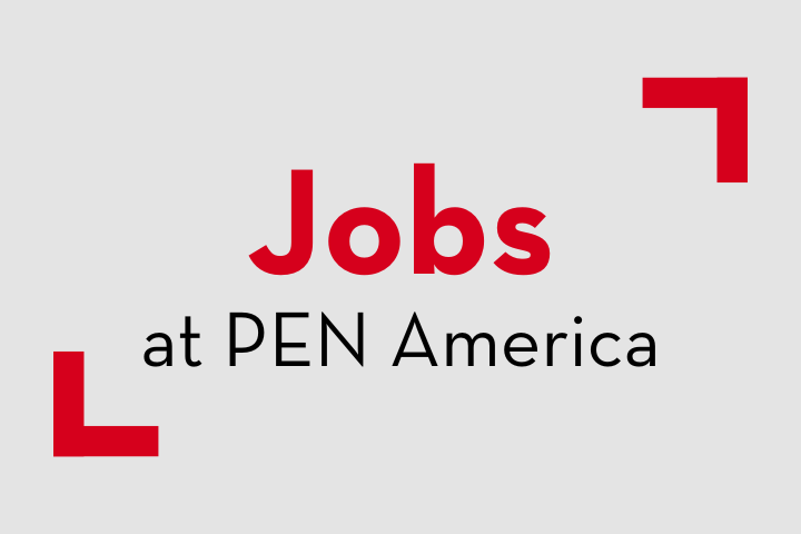 Text reading Jobs at PEN America in bold red and black letters, framed by two red corner lines on a light gray background.